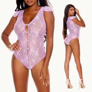 Lilac Floral Lace Teddy Pearl Button Detail Bodysuit Lingerie